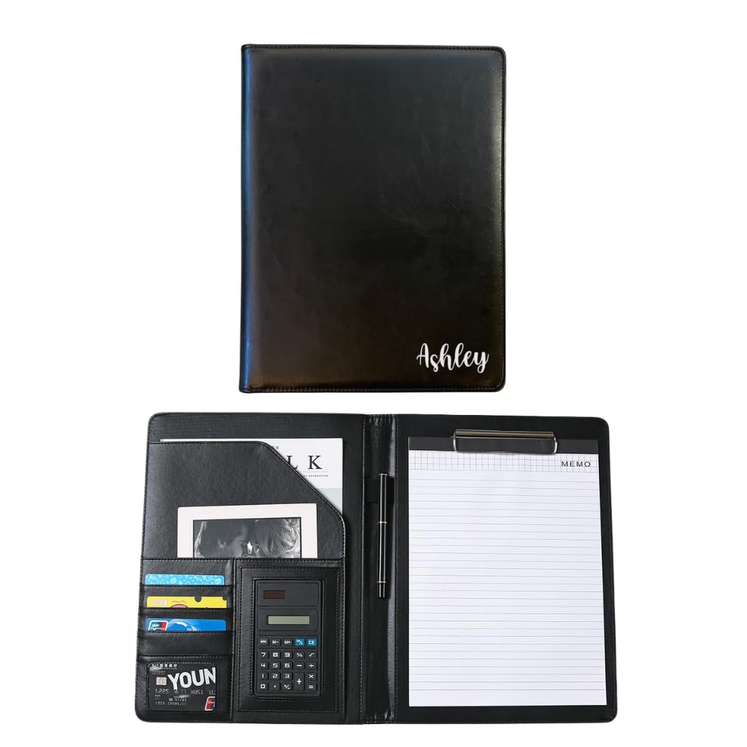 Leather Portfolio Binder for Business use, Document Organizer with Smart Storage, Calculator, Writing pad, – padfolio All in one, Professional Binder Portfolio for Women and Men with Name