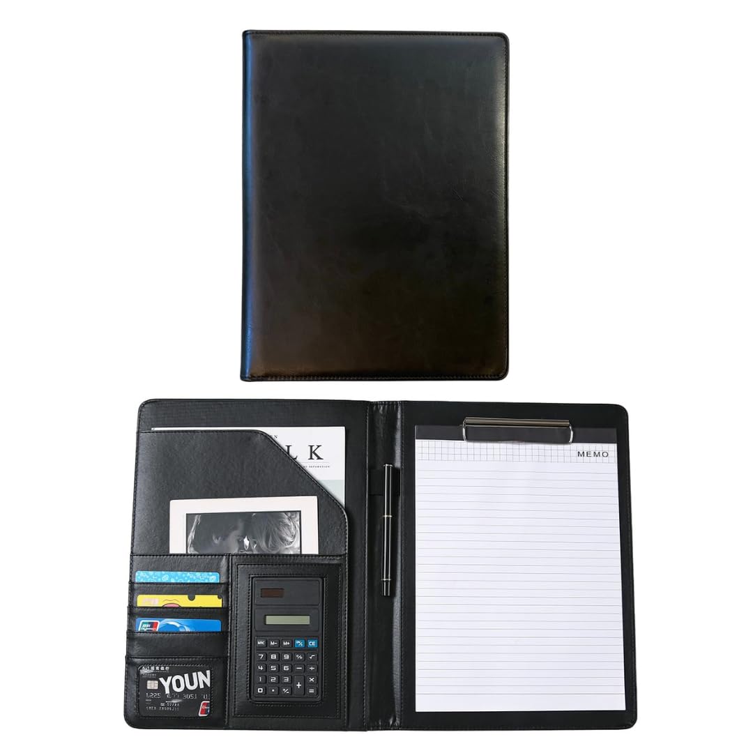 Leather Portfolio Binder for Business use, Document Organizer with Smart Storage, Calculator, Writing pad, – padfolio All in one, Professional Binder Portfolio for Women and Men with Name