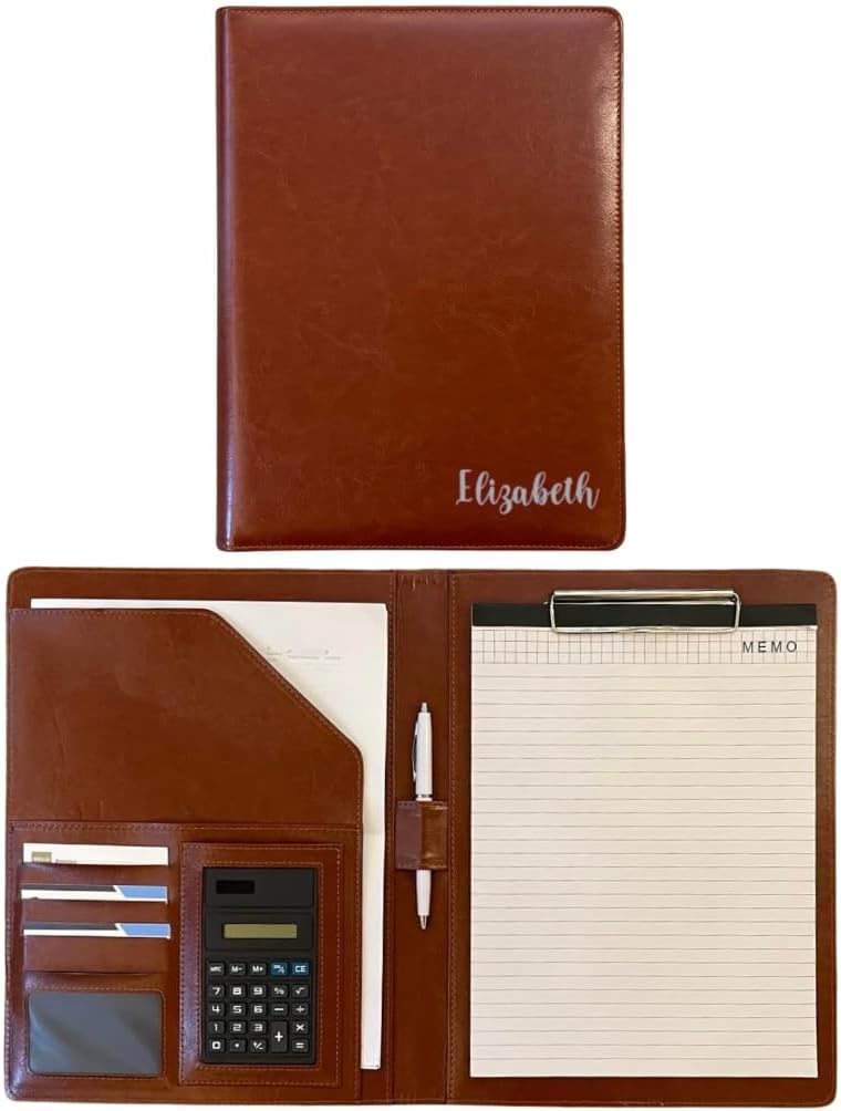Leather Portfolio Binder for Business use, Document Organizer with Smart Storage, Calculator, Writing pad, – padfolio All in one, Professional Binder Portfolio for Women and Men with Name