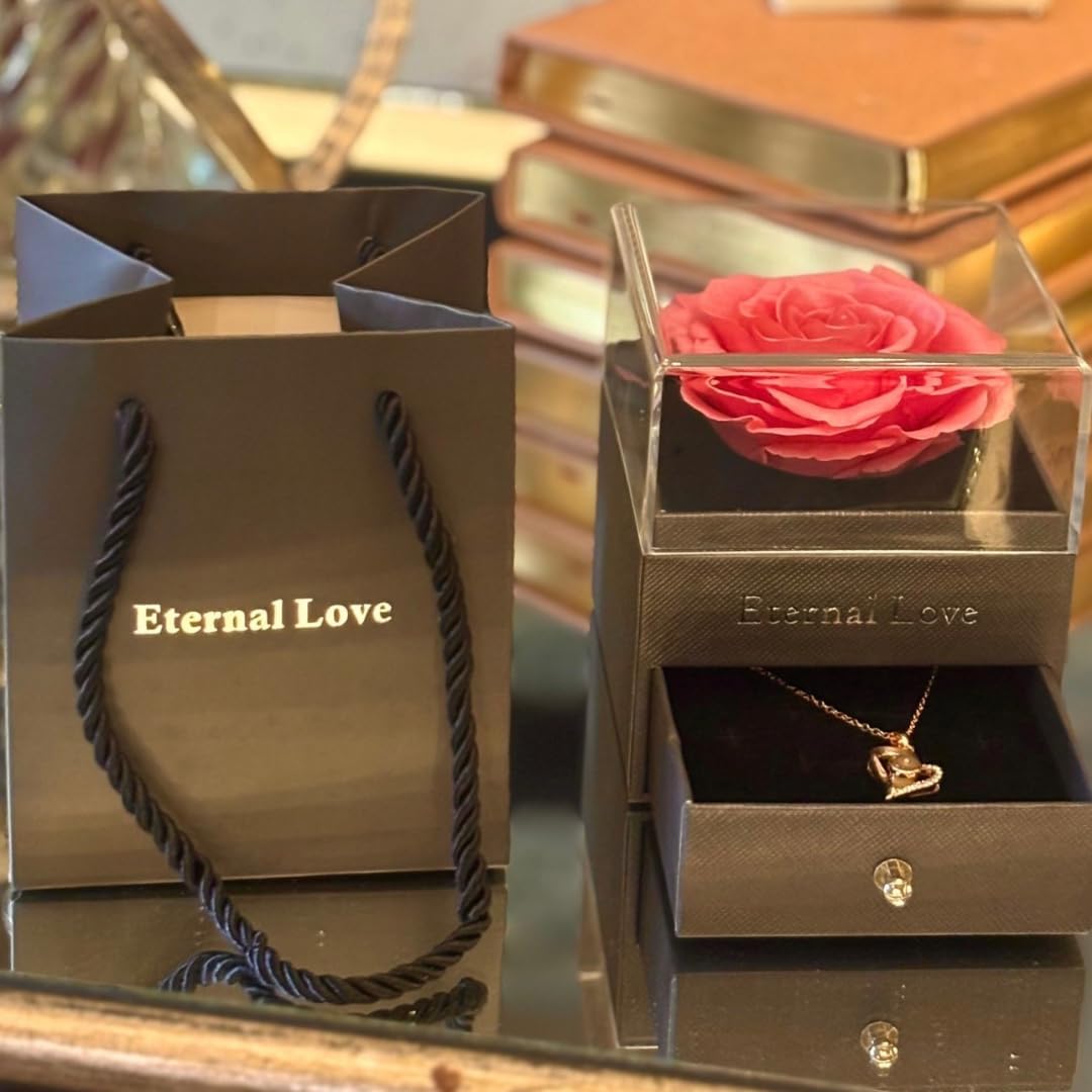 Gifts for Women – Preserved Pink Rose with ‘I Love You’ Necklace in 100 Languages, Eternal Real Rose, for Wife, Mom, Girlfriend, Birthday or Anniversary. (Pink)