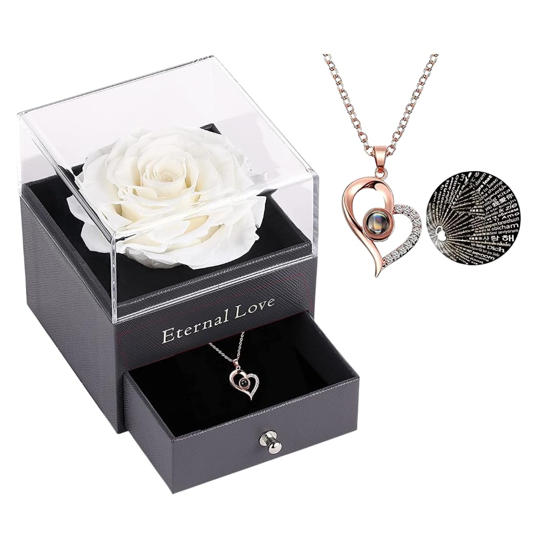 Gifts for Women – Preserved Pink Rose with ‘I Love You’ Necklace in 100 Languages, Eternal Real Rose, for Wife, Mom, Girlfriend, Birthday or Anniversary. (Pink)