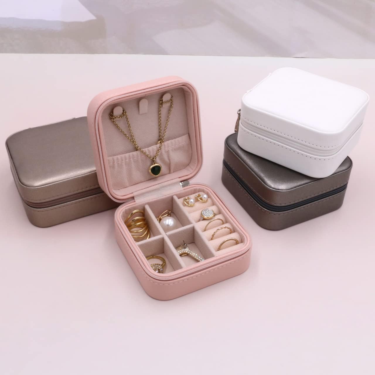 Personalized Jewelry Boxes For Women - PU Leather Travel Jewellery Box - Jewels Storage Box For Earring, Ring, Necklace - Bridesmaid Gifts For Girls PU Leather Jewelry Case (Pink with Name)