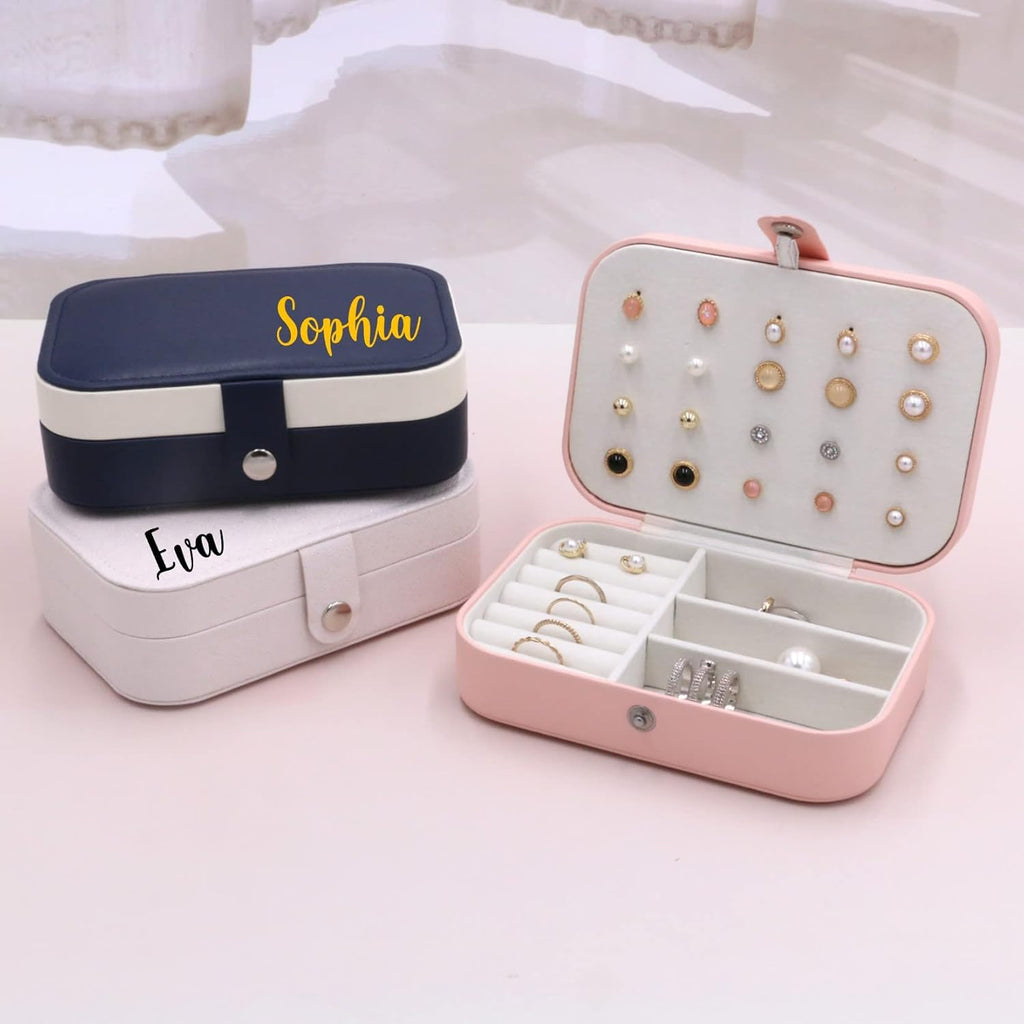 Personalized Jewelry Boxes For Women - PU Leather Travel Jewellery Box - Jewels Storage Box For Earring, Ring, Necklace - Bridesmaid Gifts For Girls PU Leather Jewelry Case (Blue With Name)