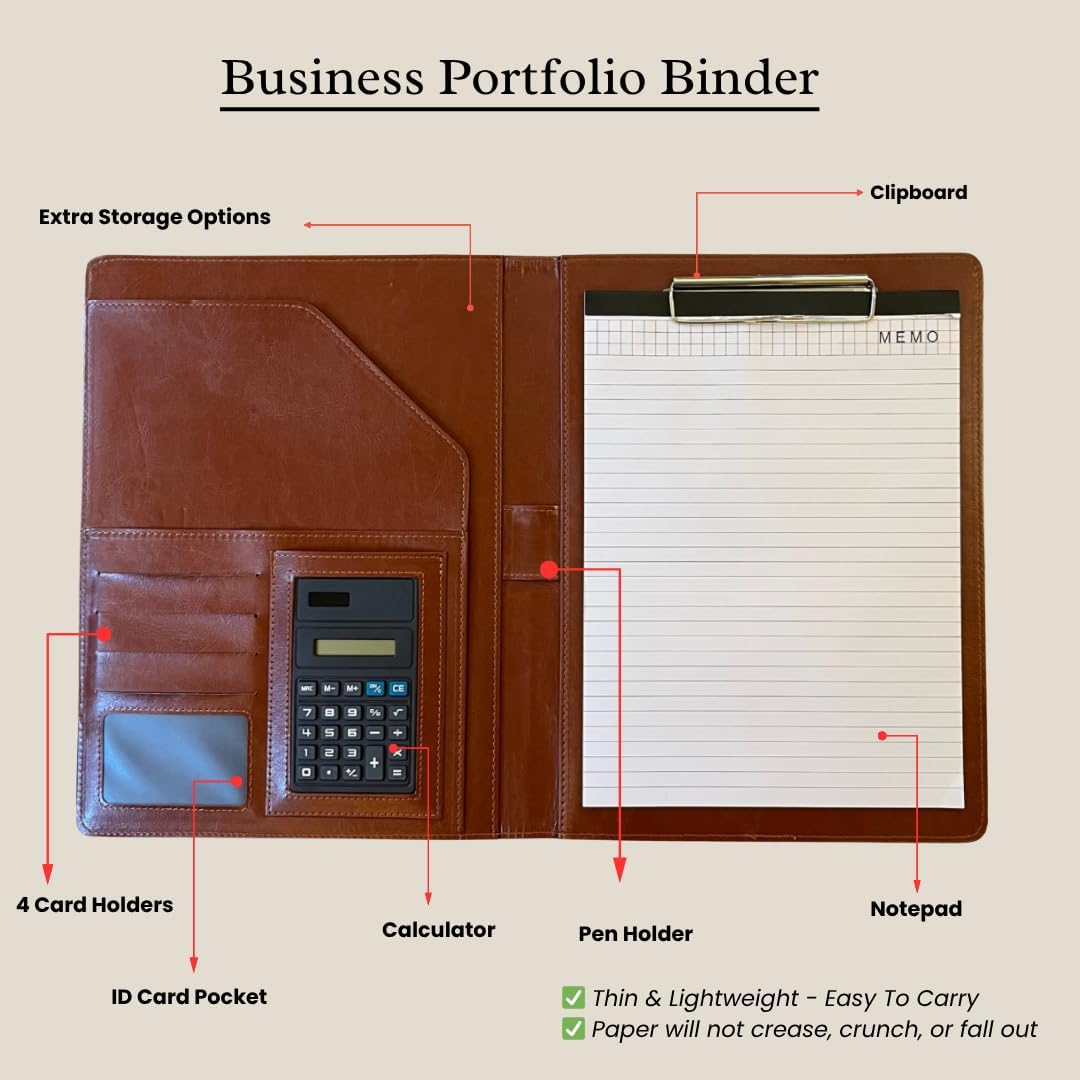 Leather Portfolio Binder for Business use, Document Organizer with Smart Storage, Calculator, Writing pad, – padfolio All in one, Professional Binder Portfolio for Women and Men with Name