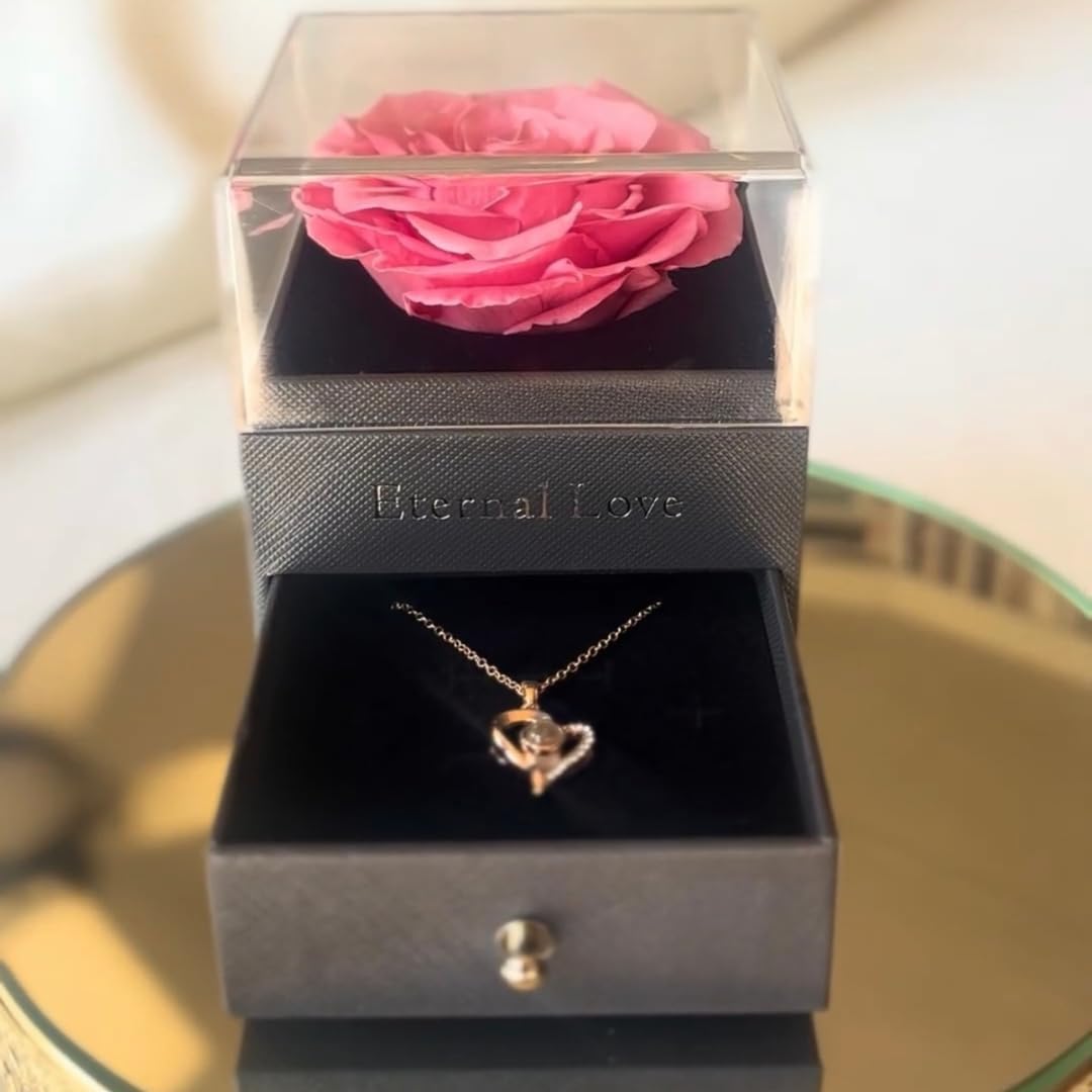 Gifts for Women – Preserved Pink Rose with ‘I Love You’ Necklace in 100 Languages, Eternal Real Rose, for Wife, Mom, Girlfriend, Birthday or Anniversary. (Pink)