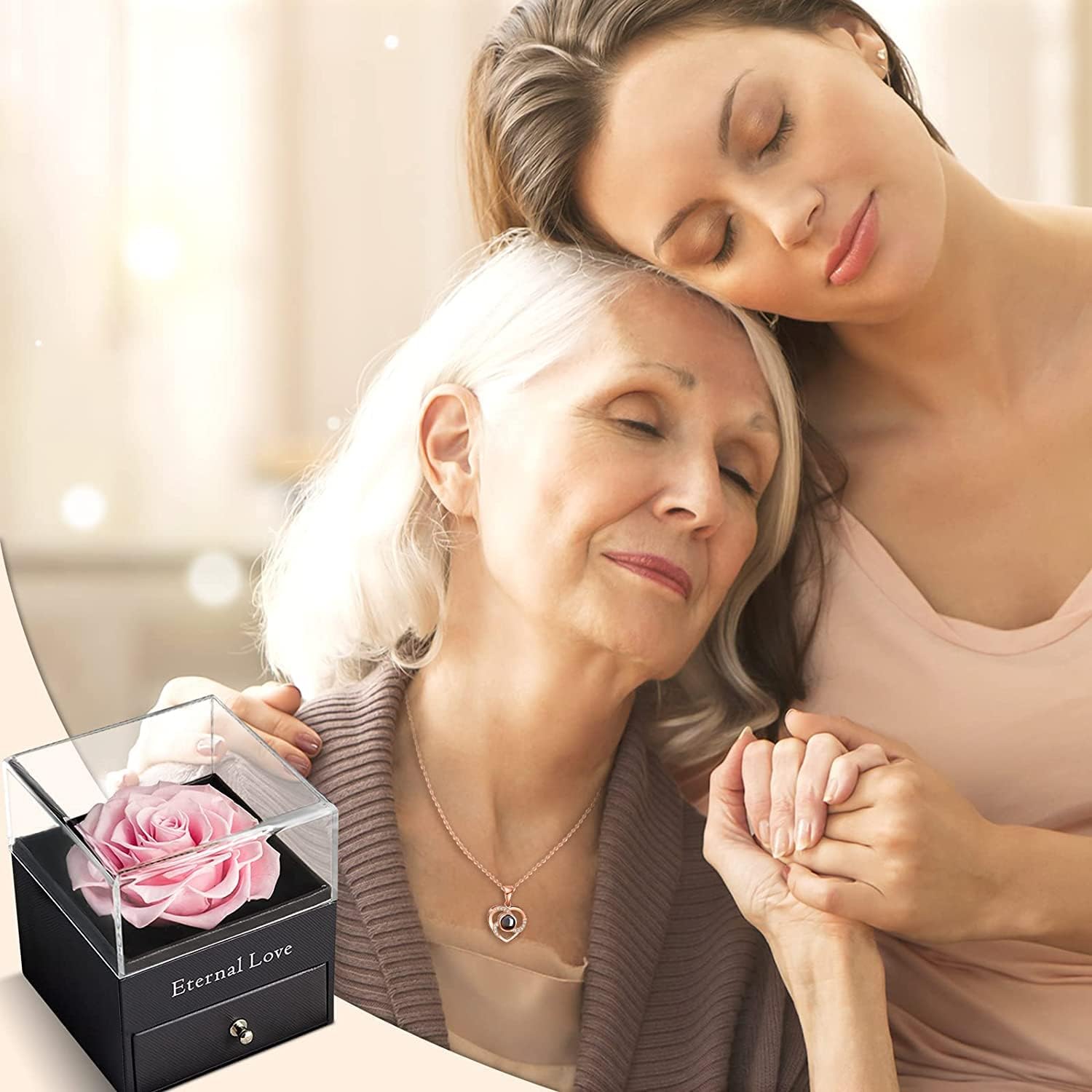 Gifts for Women – Preserved Pink Rose with ‘I Love You’ Necklace in 100 Languages, Eternal Real Rose, for Wife, Mom, Girlfriend, Birthday or Anniversary. (Pink)
