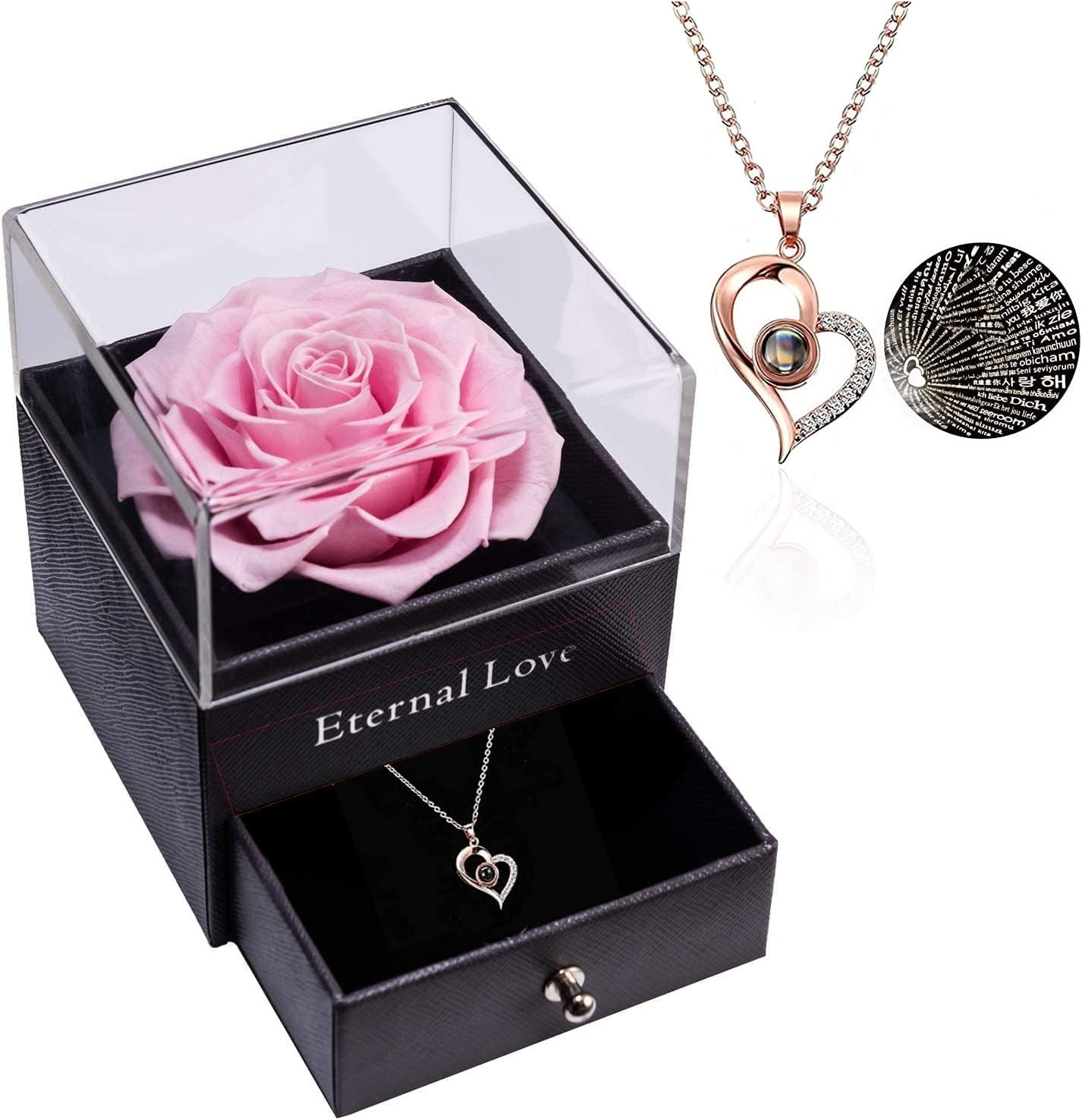 Gifts for Women – Preserved Pink Rose with ‘I Love You’ Necklace in 100 Languages, Eternal Real Rose, for Wife, Mom, Girlfriend, Birthday or Anniversary. (Pink)