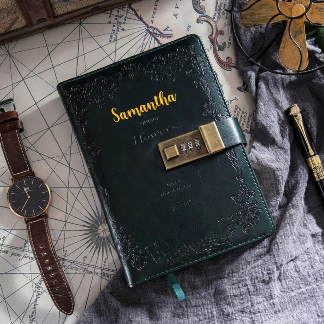 Lockable Diary for Women – Vintage Refillable Journal with Lock, Embossed Cover, 240 Pages, 5.5 x 7.9 Inch (Green Diary)