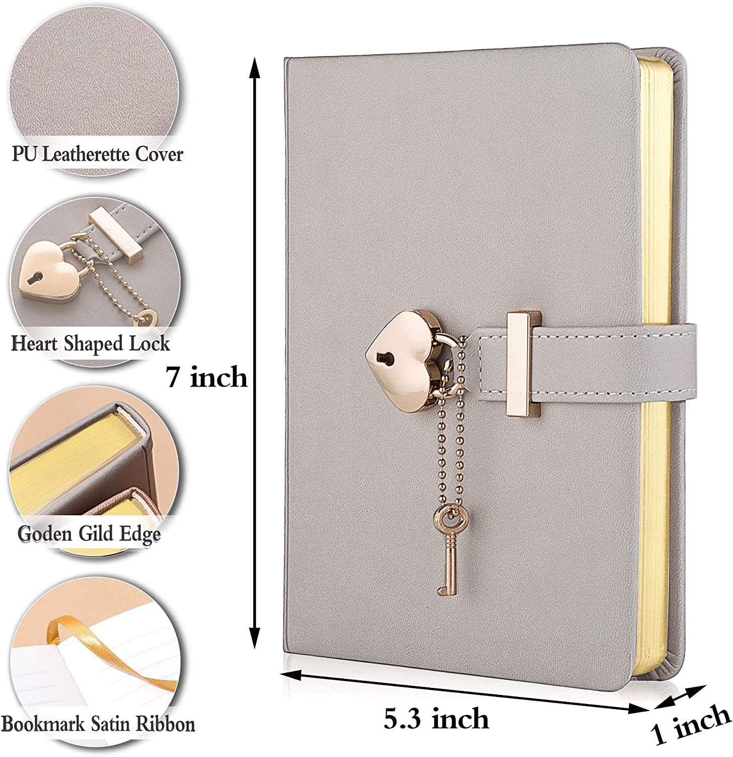 Personalized Heart Shaped Lock Diary with Key PU Leather Cover Customized Name Journal Personal Organizers Secret Notebook for Girls & Women B6 Size 5.3x7inch (6 Beautiful Colors) (Champaign)