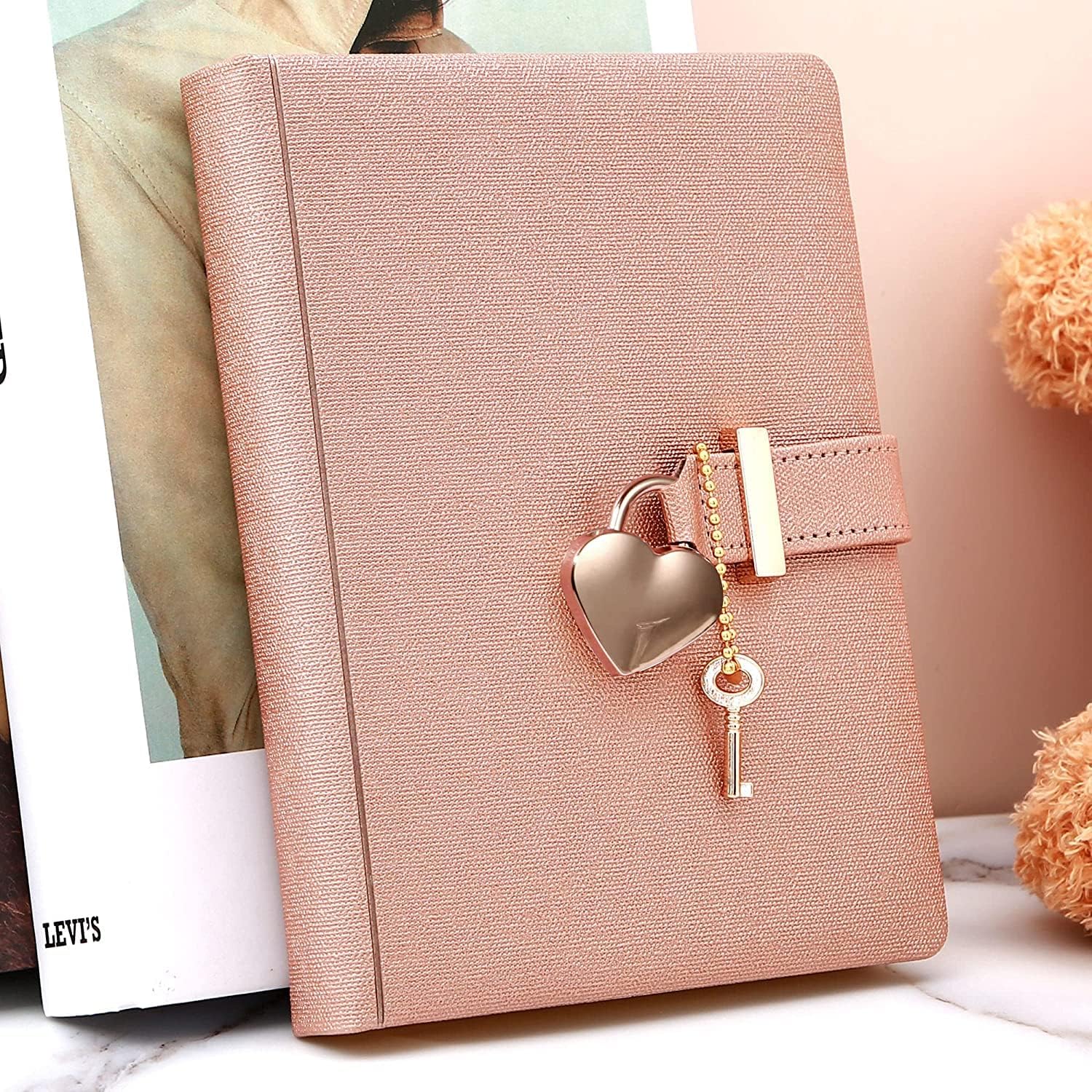 Personalized Heart Shaped Lock Diary with Key PU Leather Cover Customized Name Journal Personal Organizers Secret Notebook for Girls & Women B6 Size 5.3x7inch (6 Beautiful Colors) (Champaign)