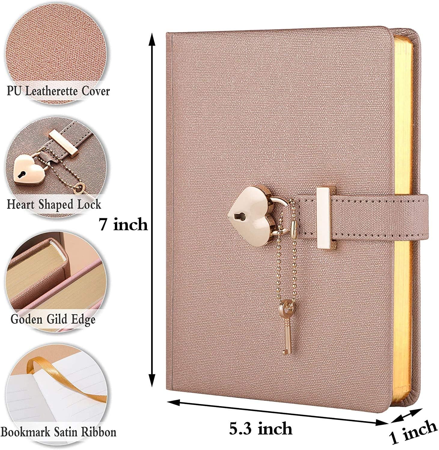 Personalized Heart Shaped Lock Diary with Key PU Leather Cover Customized Name Journal Personal Organizers Secret Notebook for Girls & Women B6 Size 5.3x7inch (6 Beautiful Colors) (Champaign)