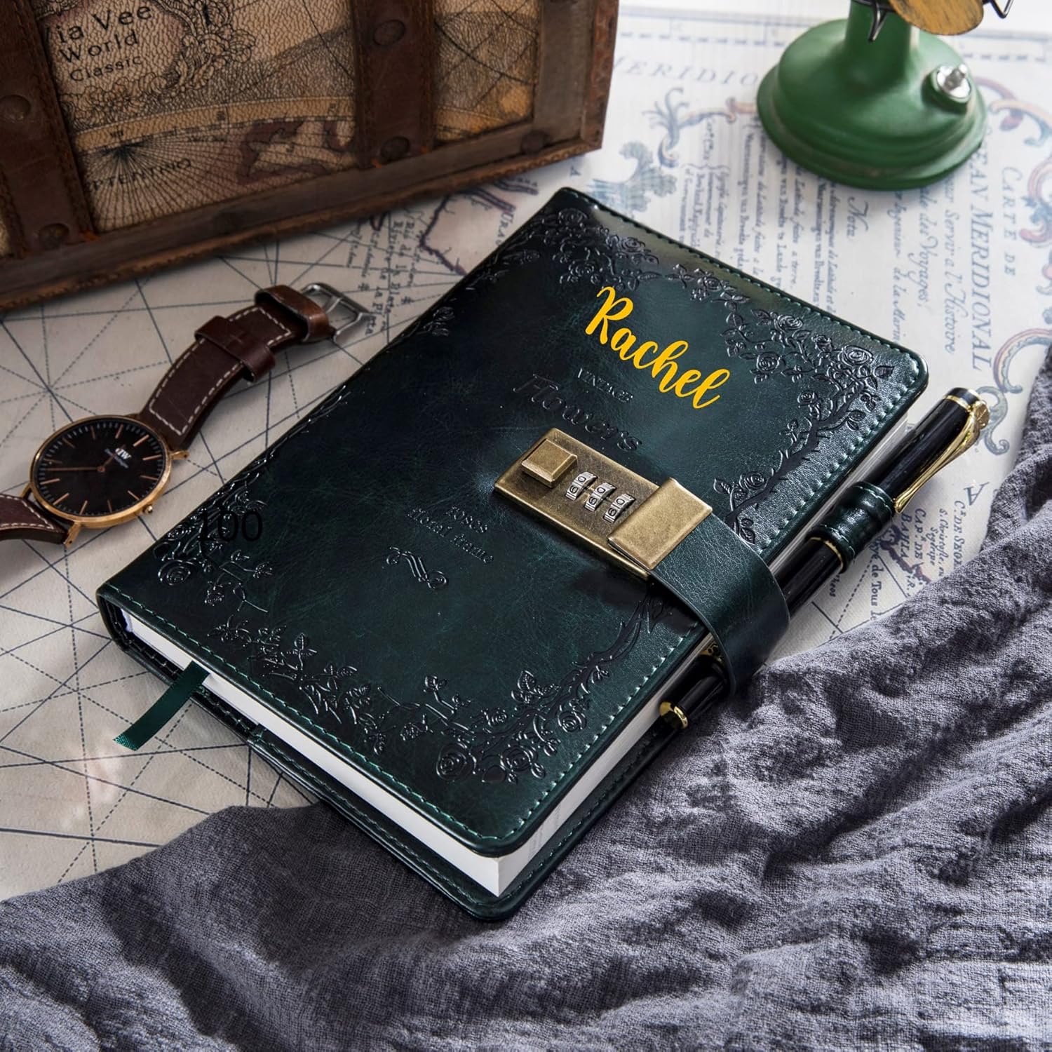 Lockable Diary for Women – Vintage Refillable Journal with Lock, Embossed Cover, 240 Pages, 5.5 x 7.9 Inch (Green Diary)