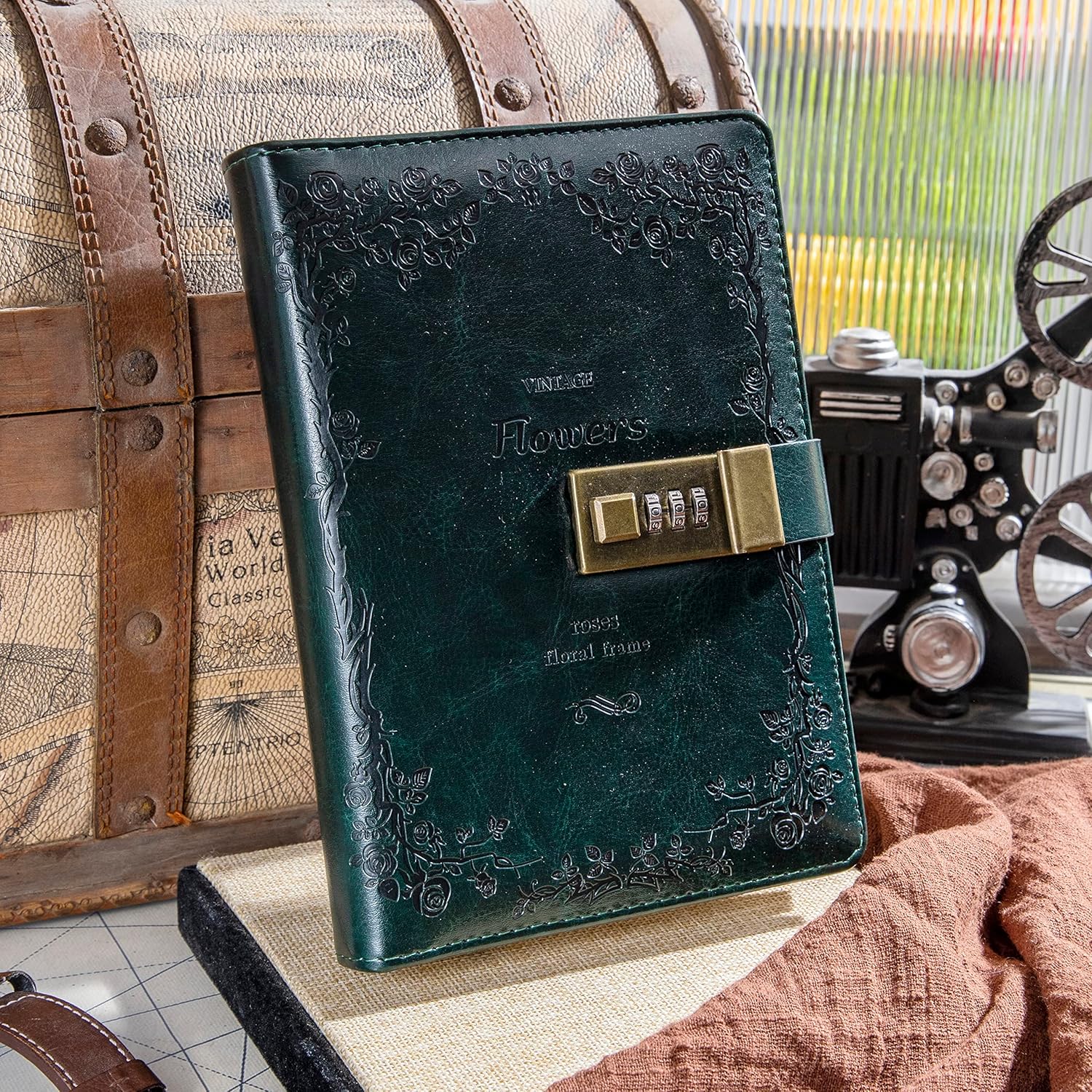 Lockable Diary for Women – Vintage Refillable Journal with Lock, Embossed Cover, 240 Pages, 5.5 x 7.9 Inch (Green Diary)